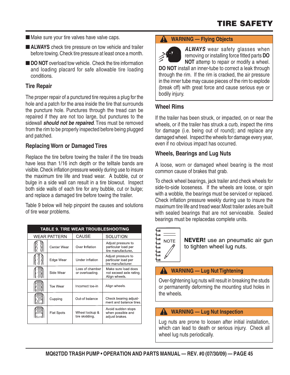Tire safety | Multiquip MQ62TDD User Manual | Page 45 / 116