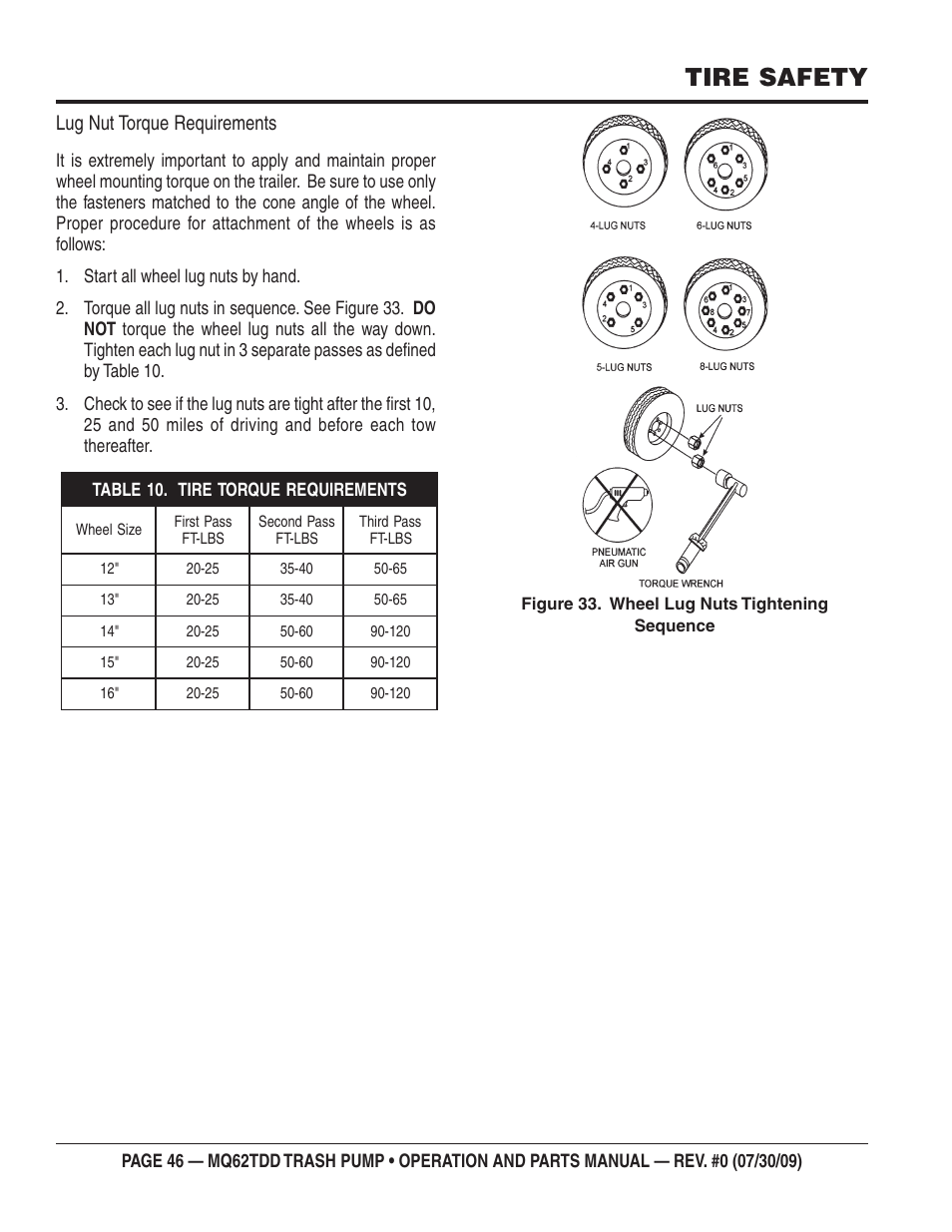 Tire safety, Lug nut torque requirements | Multiquip MQ62TDD User Manual | Page 46 / 116
