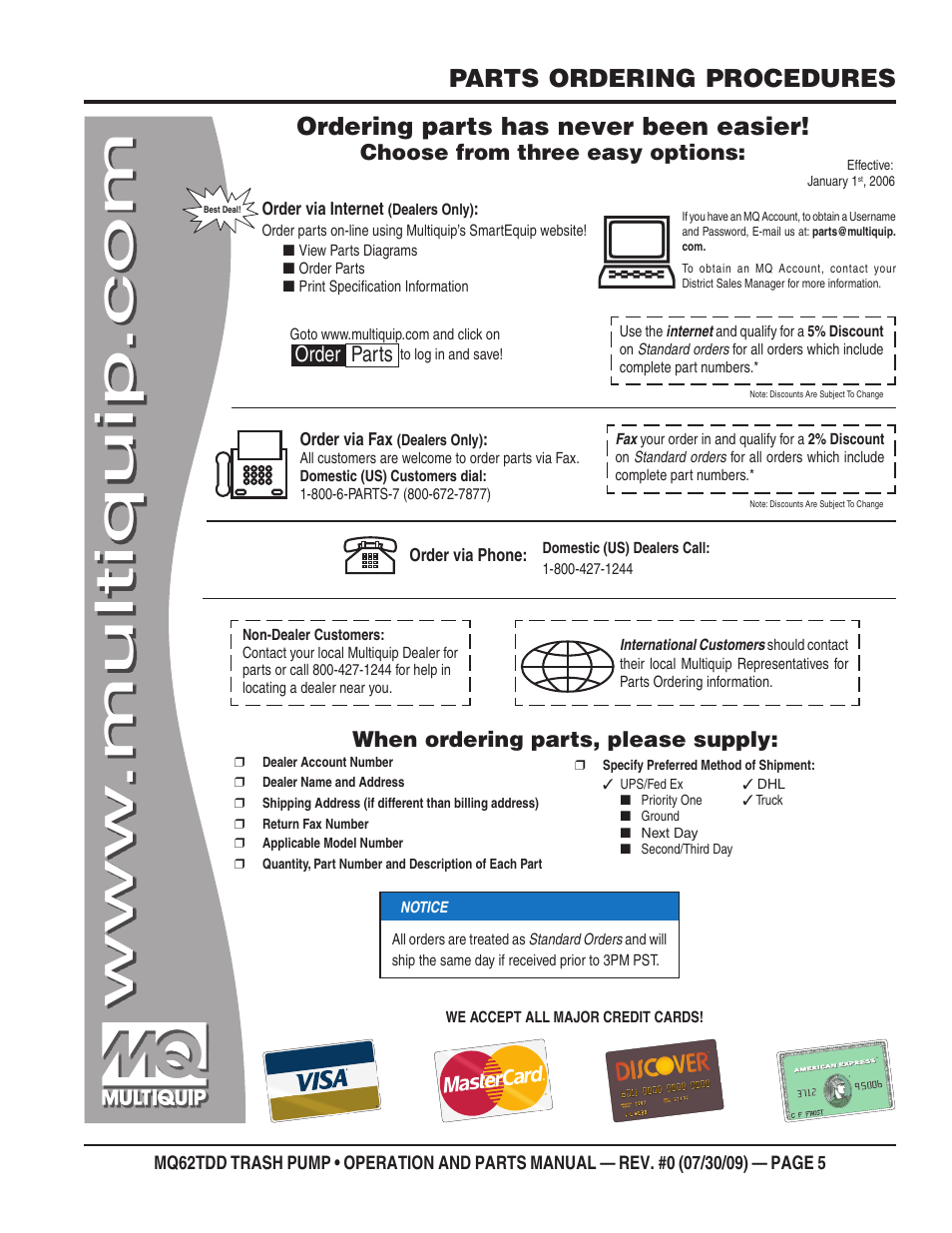 Parts ordering procedures, Ordering parts has never been easier, Choose from three easy options | When ordering parts, please supply, Order parts | Multiquip MQ62TDD User Manual | Page 5 / 116