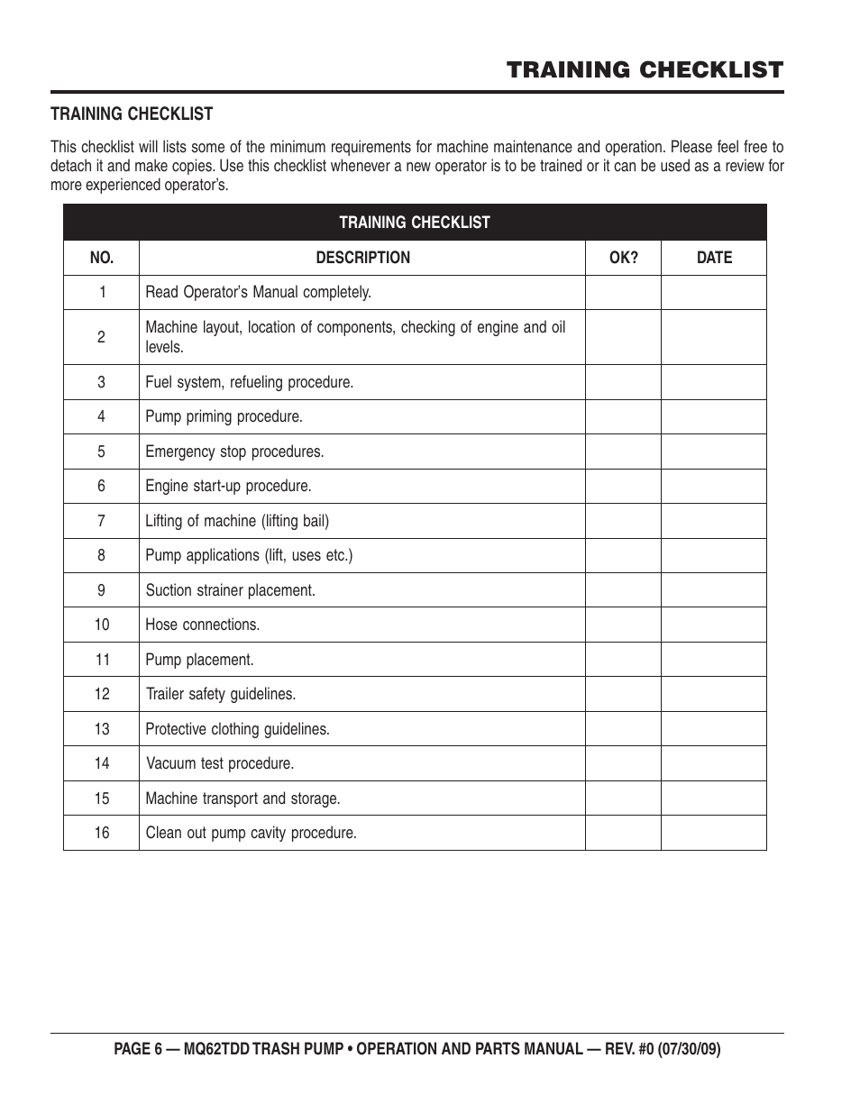 Training checklist | Multiquip MQ62TDD User Manual | Page 6 / 116
