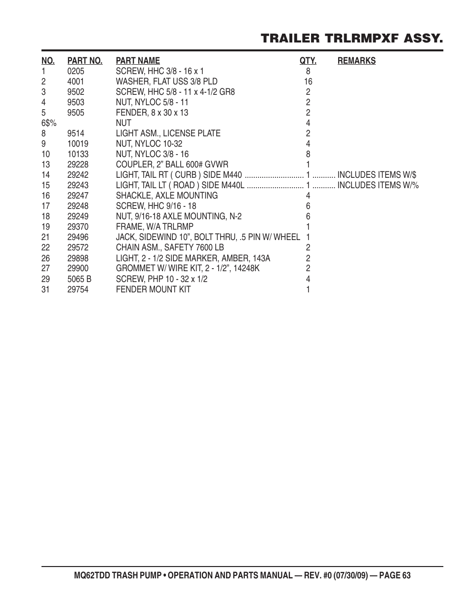 Trailer trlrmpxf assy | Multiquip MQ62TDD User Manual | Page 63 / 116