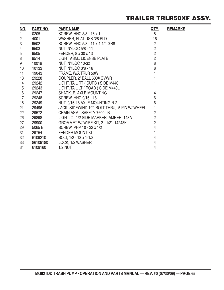 Trailer trlr50xf assy | Multiquip MQ62TDD User Manual | Page 65 / 116