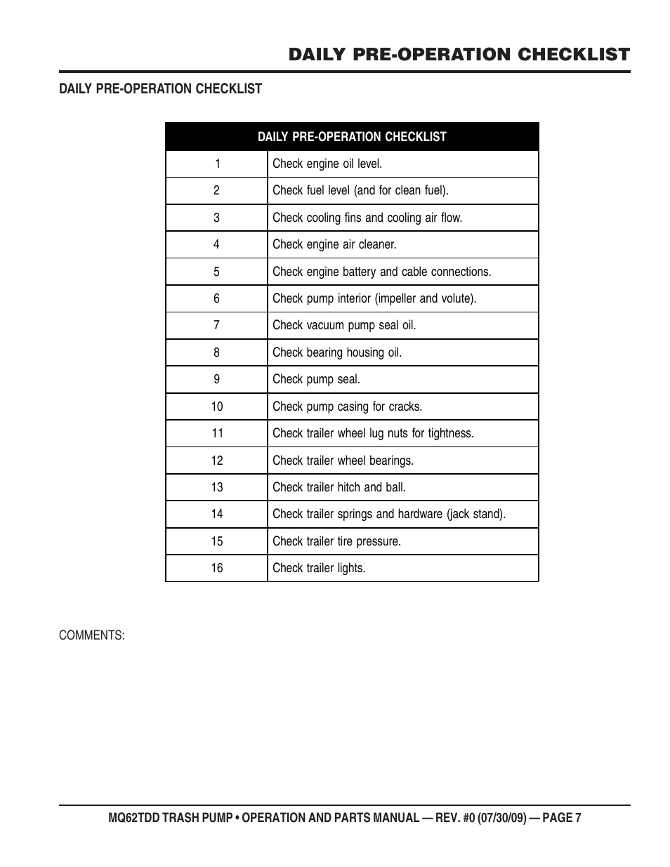 Daily pre-operation checklist | Multiquip MQ62TDD User Manual | Page 7 / 116