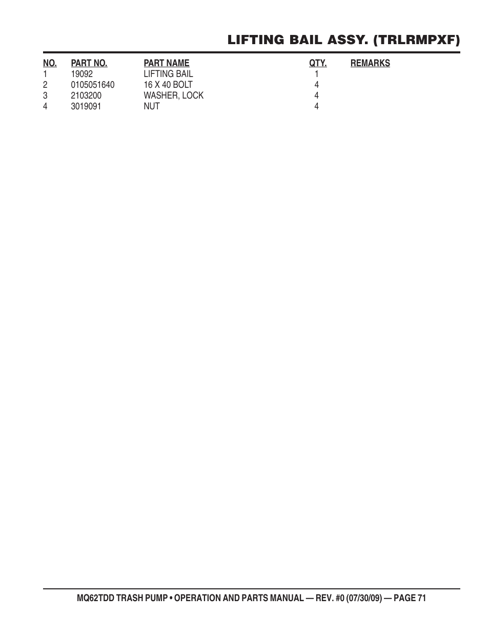 Lifting bail assy. (trlrmpxf) | Multiquip MQ62TDD User Manual | Page 71 / 116
