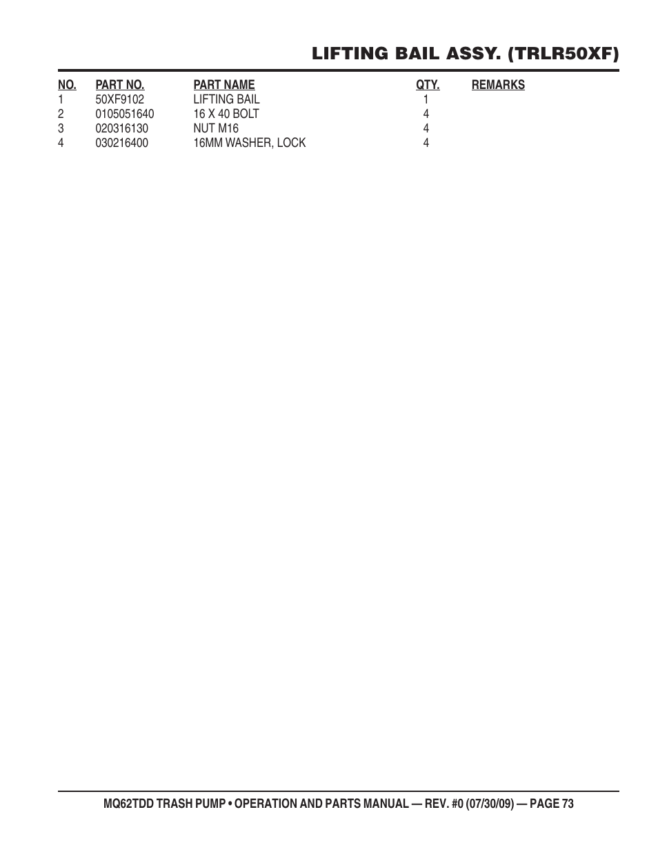 Lifting bail assy. (trlr50xf) | Multiquip MQ62TDD User Manual | Page 73 / 116