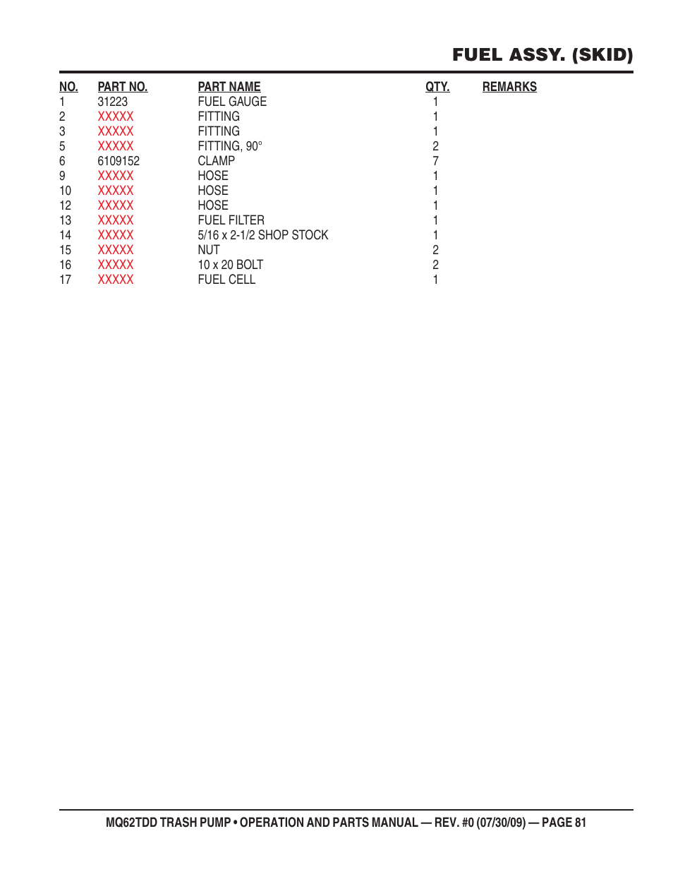Fuel assy. (skid) | Multiquip MQ62TDD User Manual | Page 81 / 116