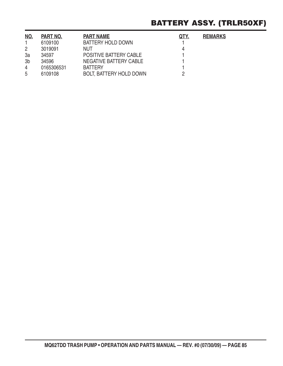 Battery assy. (trlr50xf) | Multiquip MQ62TDD User Manual | Page 85 / 116