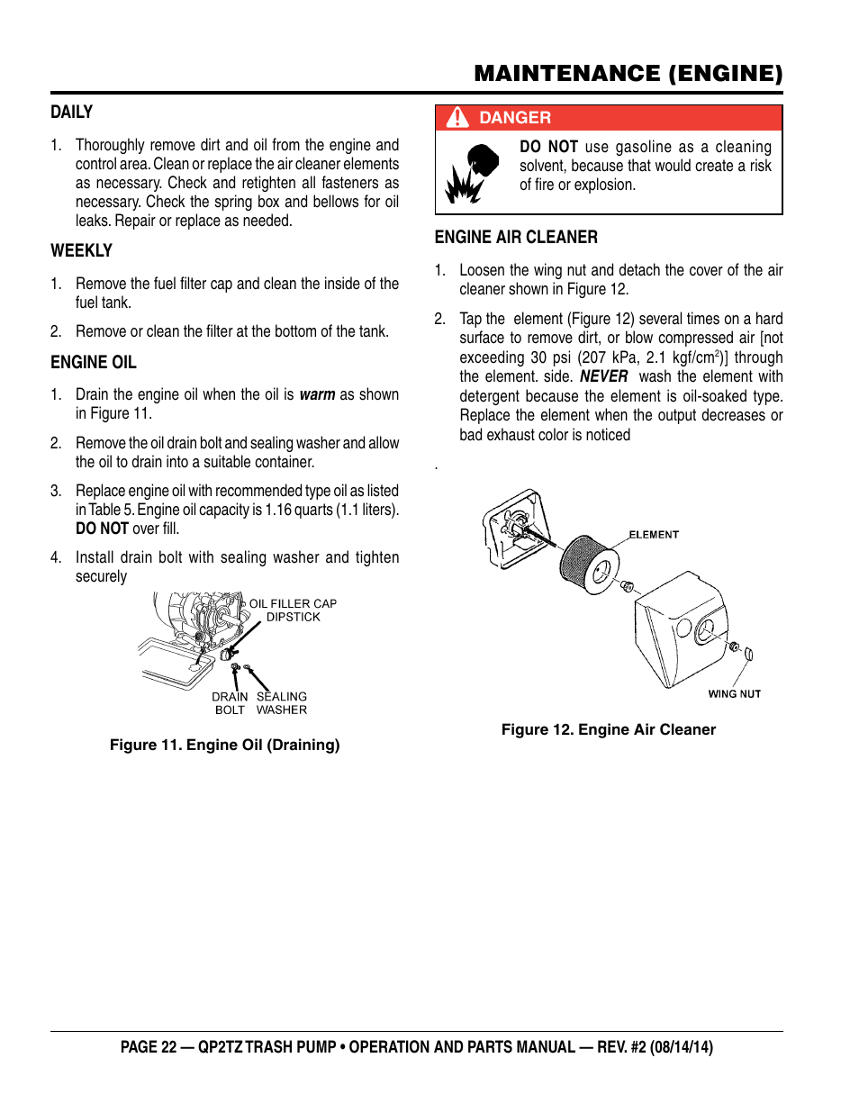 Maintenance (engine) | Multiquip QP2TZ User Manual | Page 22 / 36