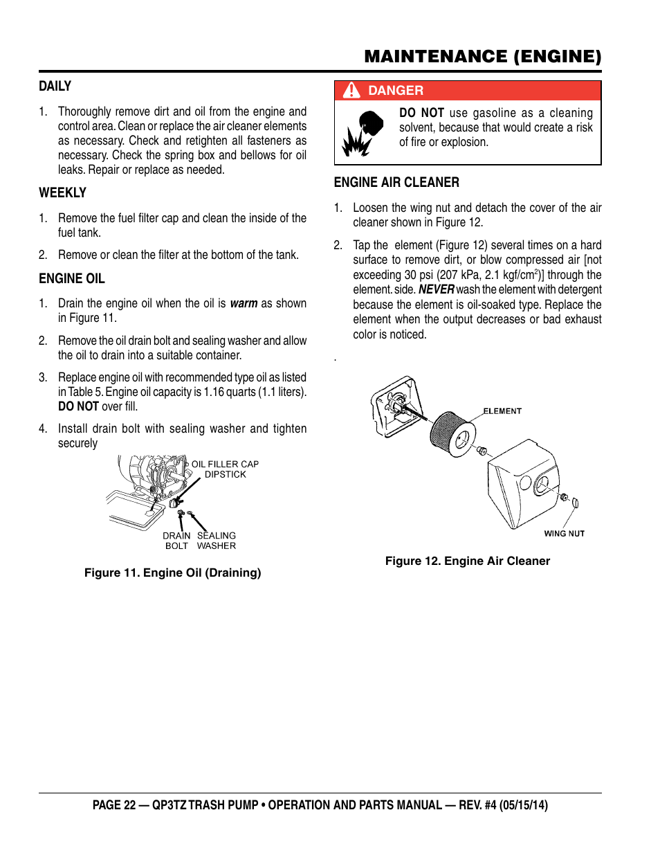 Maintenance (engine) | Multiquip QP3TZ User Manual | Page 22 / 36