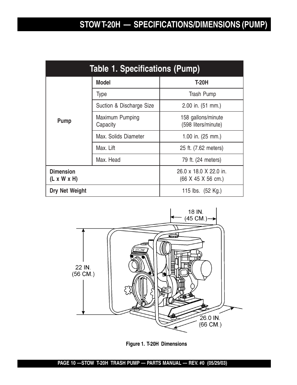 Stow t-20h — specifications/dimensions (pump) | Multiquip T20H User Manual | Page 10 / 70