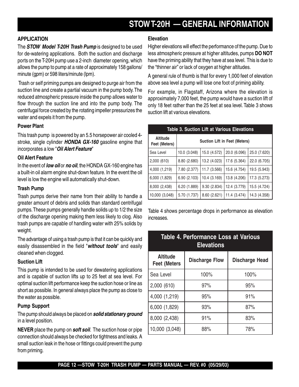 Stow t-20h — general information | Multiquip T20H User Manual | Page 12 / 70