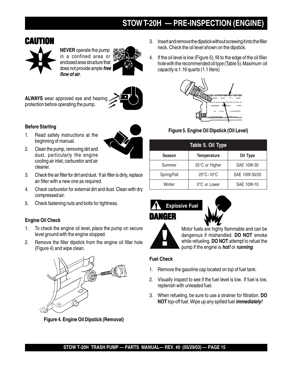 Stow t-20h — pre-inspection (engine), Caution, Danger | Multiquip T20H User Manual | Page 15 / 70