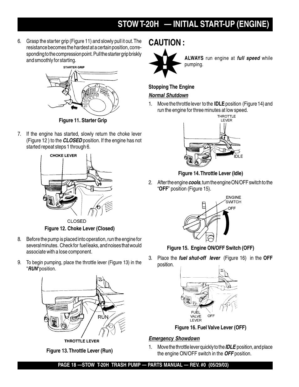 Stow t-20h — initial start-up (engine), Caution | Multiquip T20H User Manual | Page 18 / 70