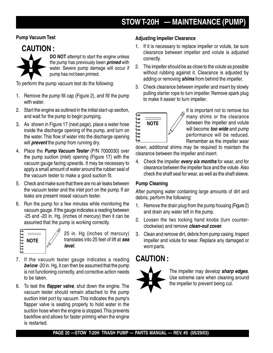 Stow t-20h — maintenance (pump), Caution | Multiquip T20H User Manual | Page 20 / 70