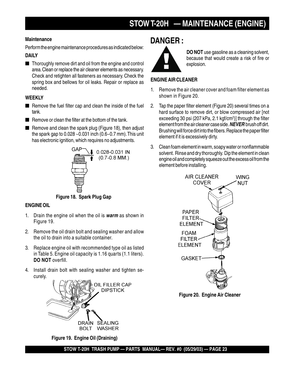 Danger, Stow t-20h — maintenance (engine) | Multiquip T20H User Manual | Page 23 / 70