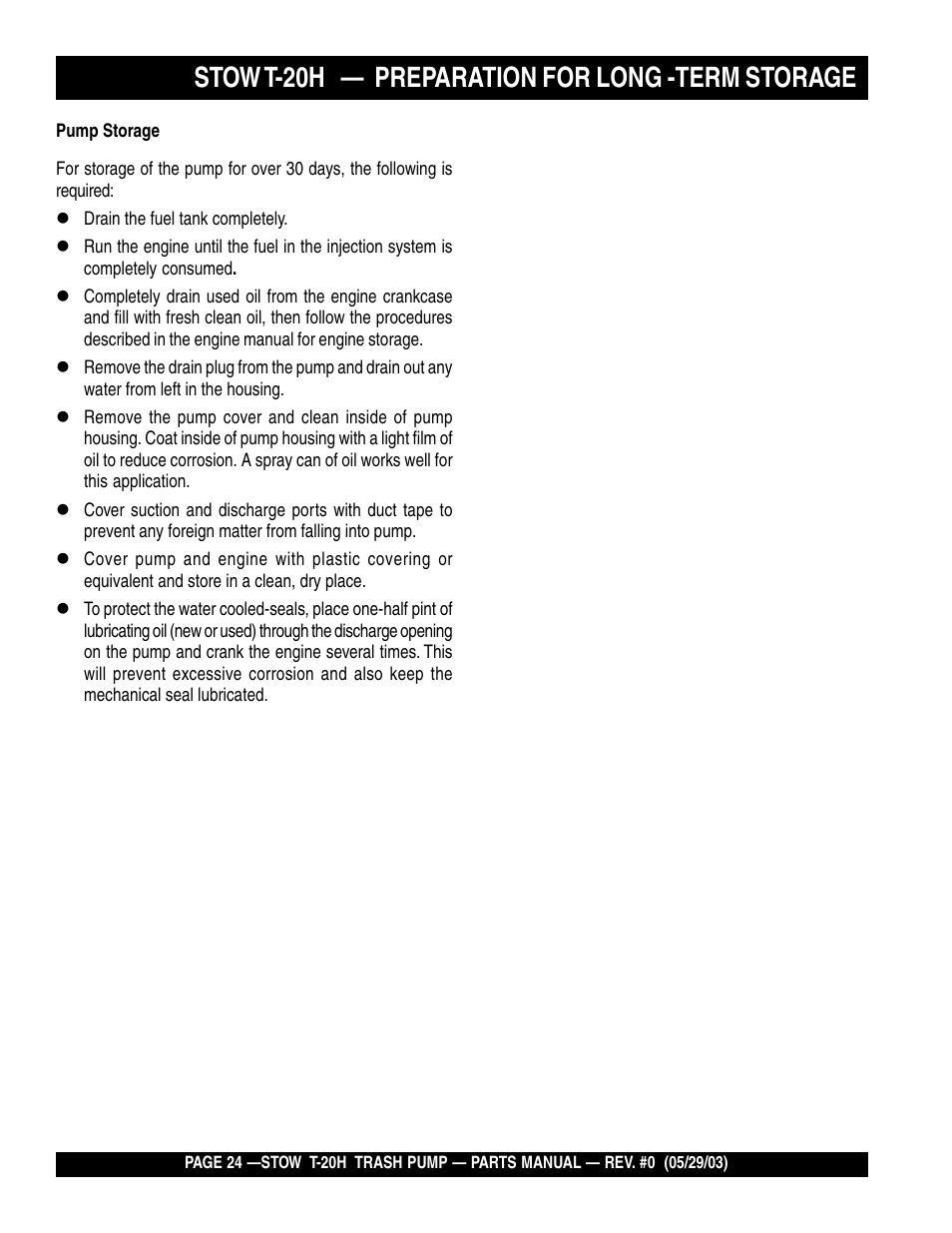 Stow t-20h — preparation for long -term storage | Multiquip T20H User Manual | Page 24 / 70