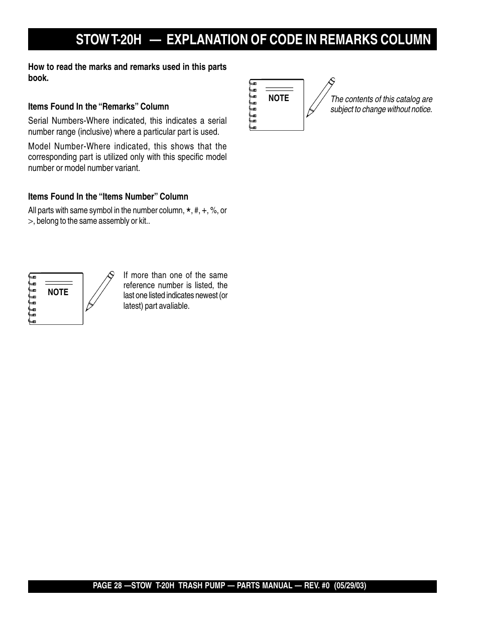 Stow t-20h — explanation of code in remarks column | Multiquip T20H User Manual | Page 28 / 70