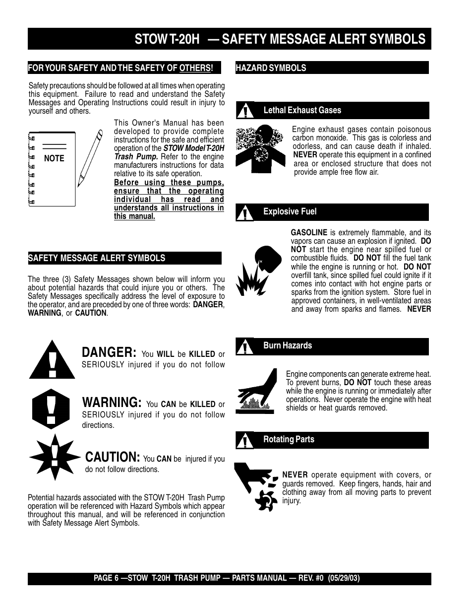 Stow t-20h — safety message alert symbols, Danger, Warning | Caution | Multiquip T20H User Manual | Page 6 / 70