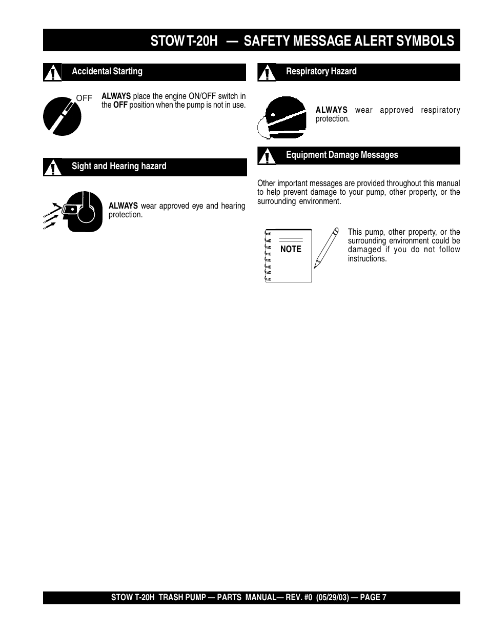 Stow t-20h — safety message alert symbols | Multiquip T20H User Manual | Page 7 / 70