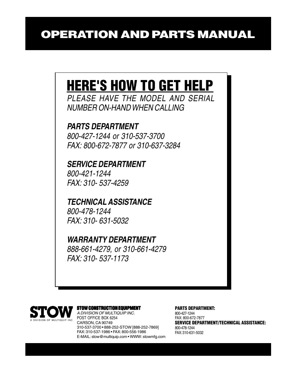 Here's how to get help, Operation and parts manual | Multiquip T20H User Manual | Page 70 / 70