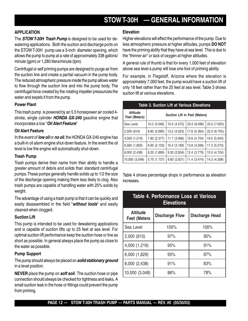 Stow t-30h — general information | Multiquip T30H User Manual | Page 12 / 70