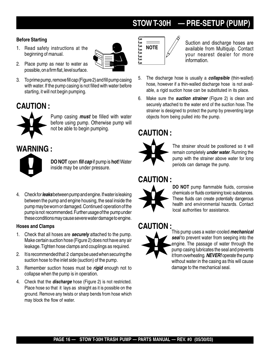 Stow t-30h — pre-setup (pump), Caution, Warning | Multiquip T30H User Manual | Page 16 / 70