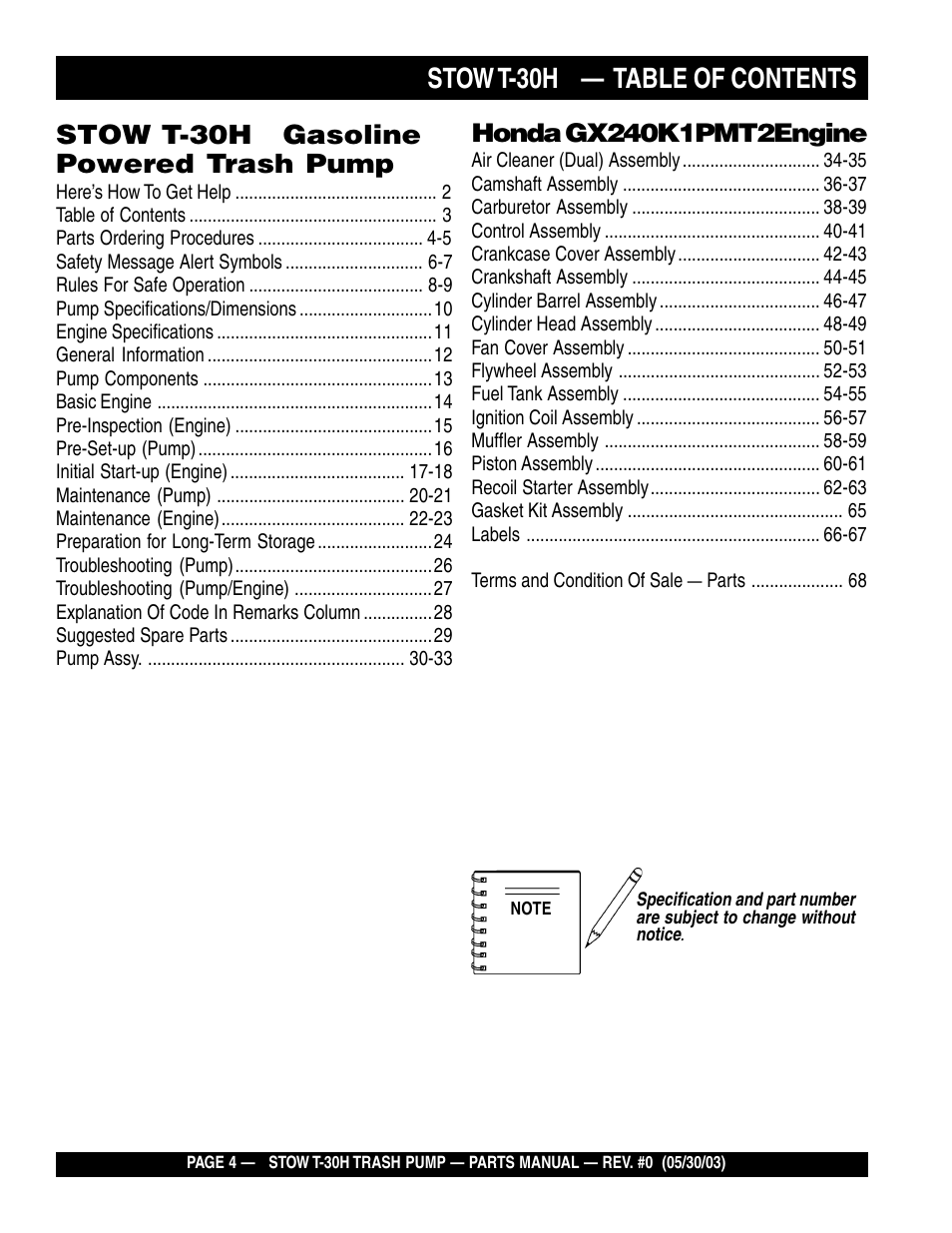 Stow t-30h — table of contents, Stow t-30h gasoline powered trash pump | Multiquip T30H User Manual | Page 4 / 70