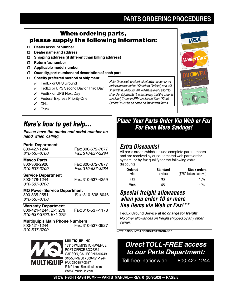 Parts ordering procedures, Here’s how to get help, Direct toll-free access to our parts department | Extra discounts | Multiquip T30H User Manual | Page 5 / 70
