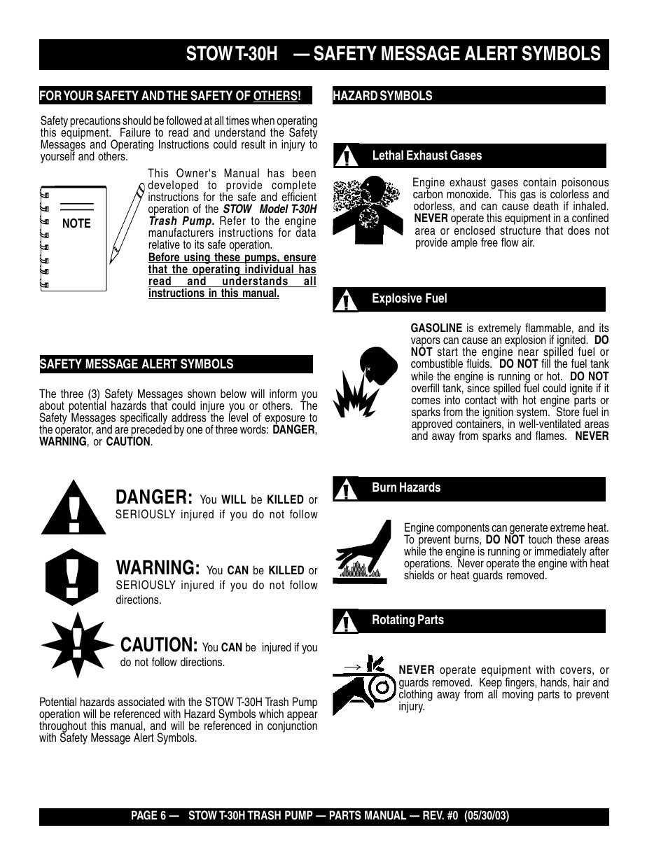 Stow t-30h — safety message alert symbols, Danger, Warning | Caution | Multiquip T30H User Manual | Page 6 / 70