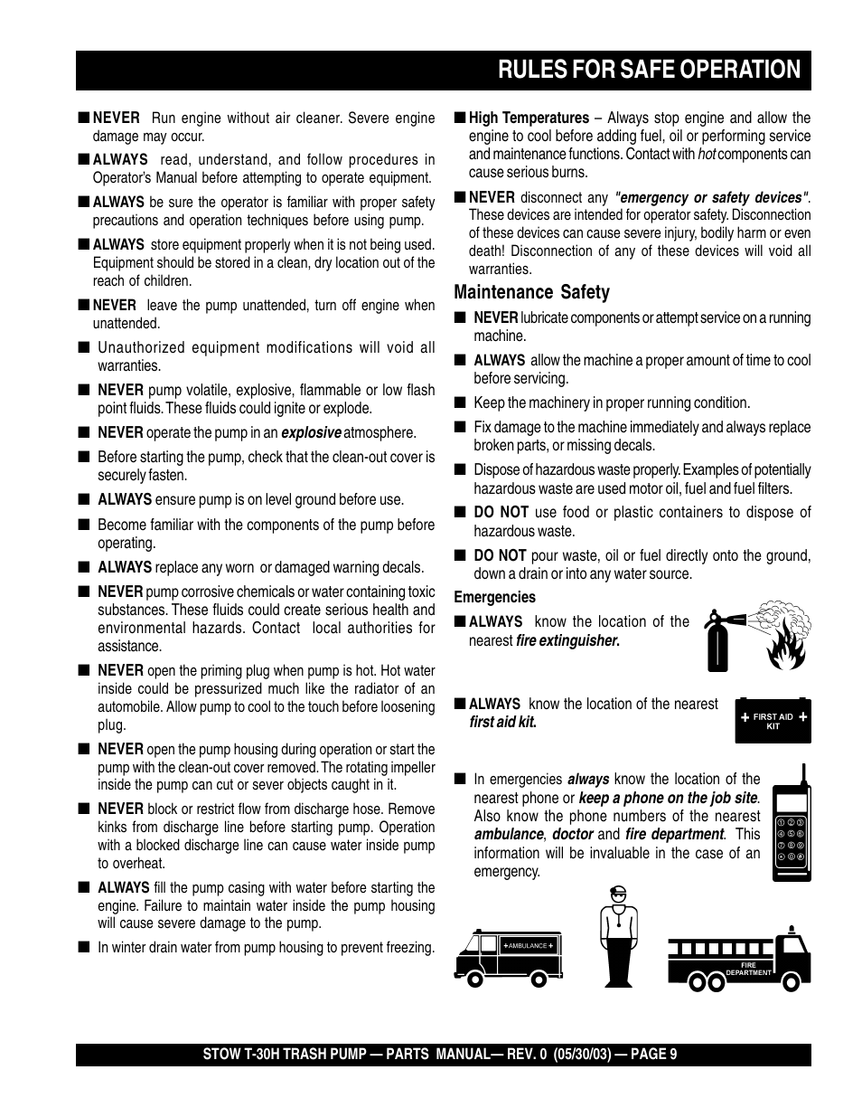 Rules for safe operation, Maintenance safety | Multiquip T30H User Manual | Page 9 / 70