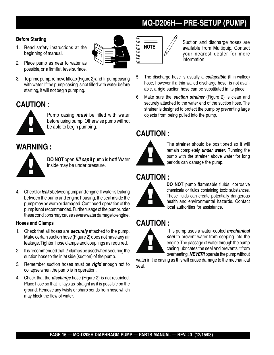 Mq-d206h— pre-setup (pump), Caution, Warning | Multiquip MQD206H User Manual | Page 16 / 70