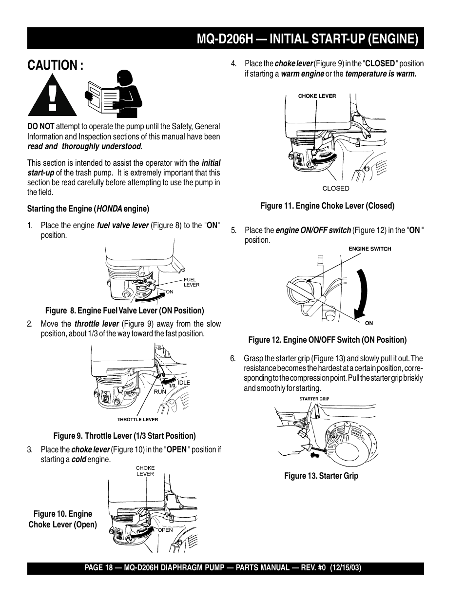 Mq-d206h — initial start-up (engine), Caution | Multiquip MQD206H User Manual | Page 18 / 70