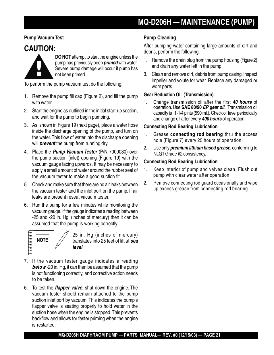 Mq-d206h — maintenance (pump), Caution | Multiquip MQD206H User Manual | Page 21 / 70
