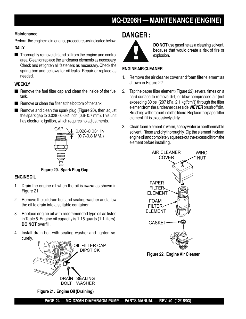 Danger, Mq-d206h — maintenance (engine) | Multiquip MQD206H User Manual | Page 24 / 70