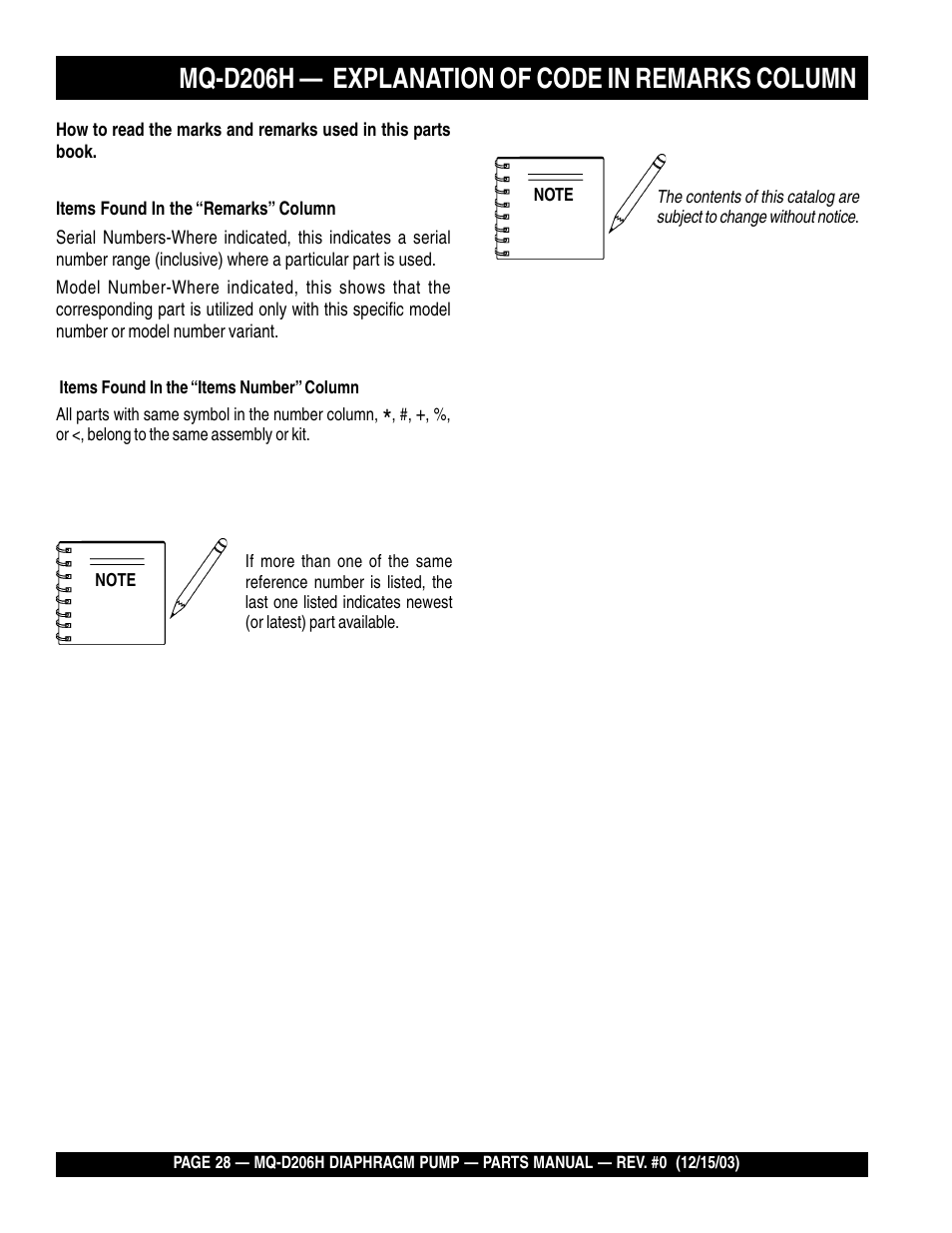 Mq-d206h — explanation of code in remarks column | Multiquip MQD206H User Manual | Page 28 / 70