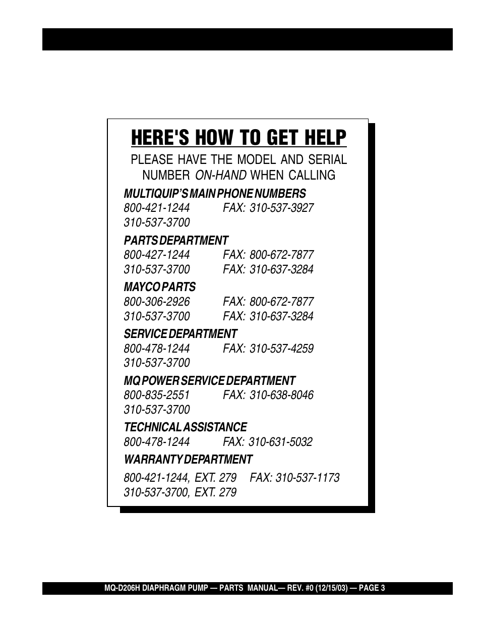 Here's how to get help | Multiquip MQD206H User Manual | Page 3 / 70