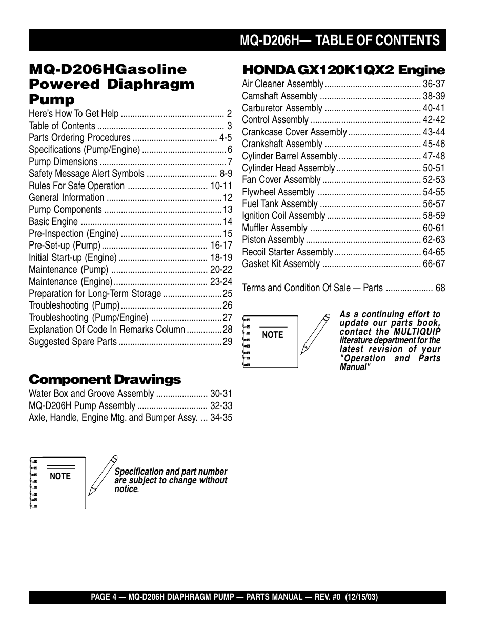 Mq-d206h— table of contents, Mq-d206hgasoline powered diaphragm pump, Component drawings | Multiquip MQD206H User Manual | Page 4 / 70