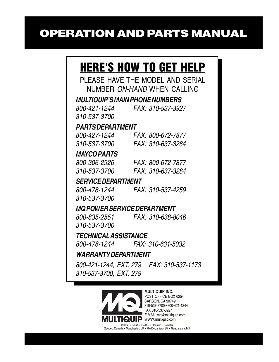Here's how to get help, Operation and parts manual | Multiquip MQD206H User Manual | Page 70 / 70