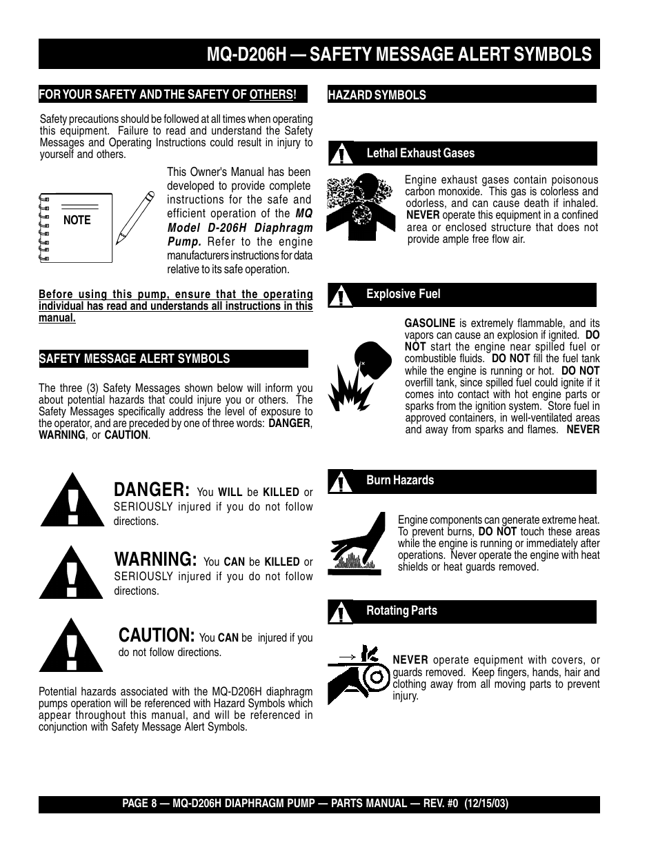 Mq-d206h — safety message alert symbols, Danger, Warning | Caution | Multiquip MQD206H User Manual | Page 8 / 70