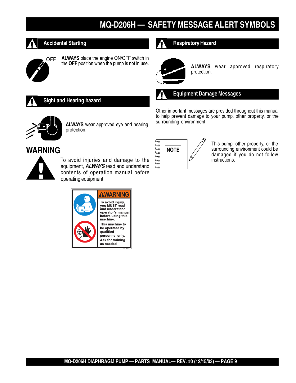 Mq-d206h — safety message alert symbols, Warning | Multiquip MQD206H User Manual | Page 9 / 70
