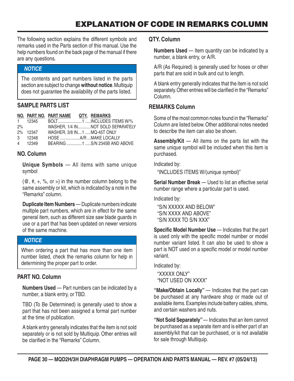 Explanation of code in remarks column | Multiquip MQD3H User Manual | Page 30 / 48