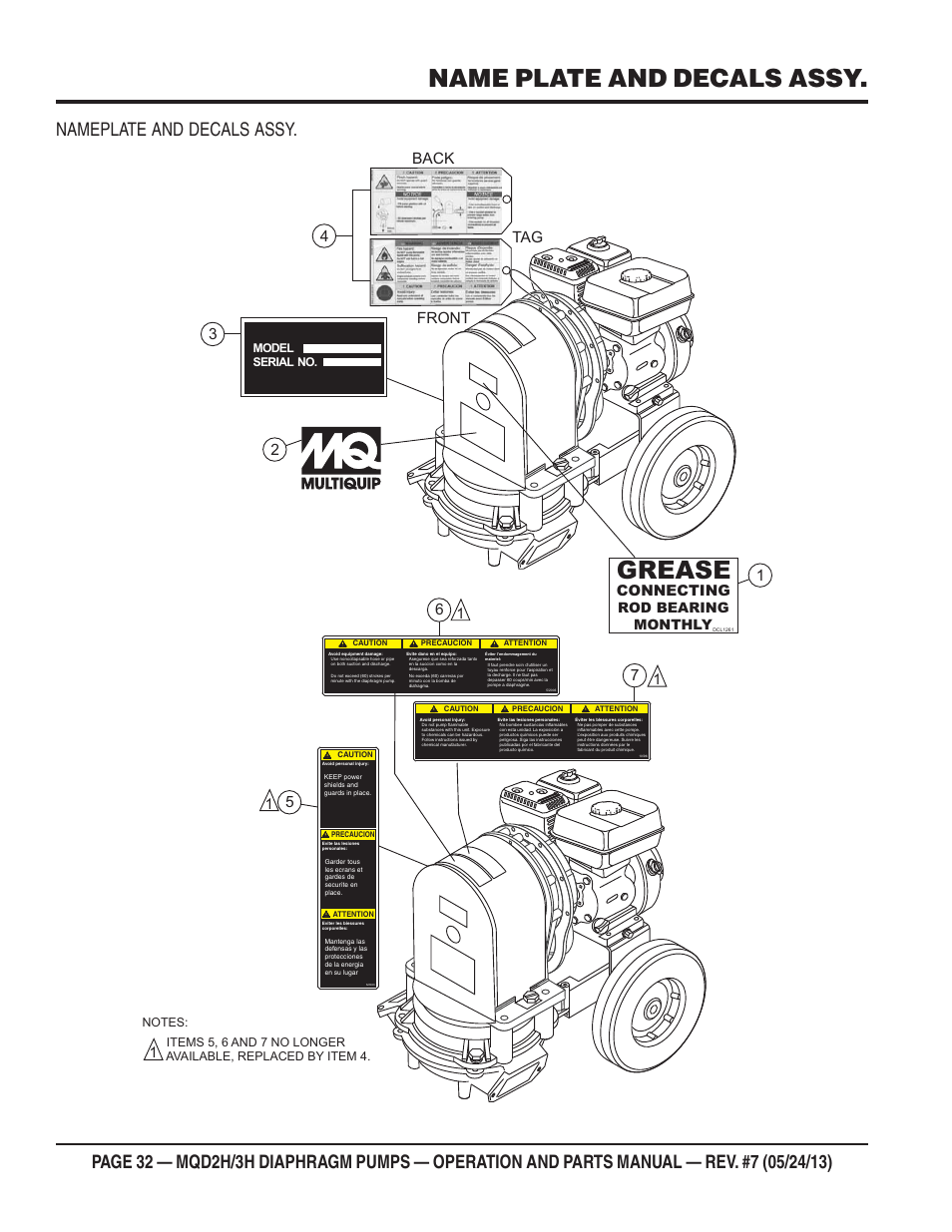 Mq-d2h/3h — nameplate and decals assy, Grease, Name plate and decals assy | Nameplate and decals assy, Connecting, 31 2 front back tag 4, Rod bearing monthly | Multiquip MQD3H User Manual | Page 32 / 48