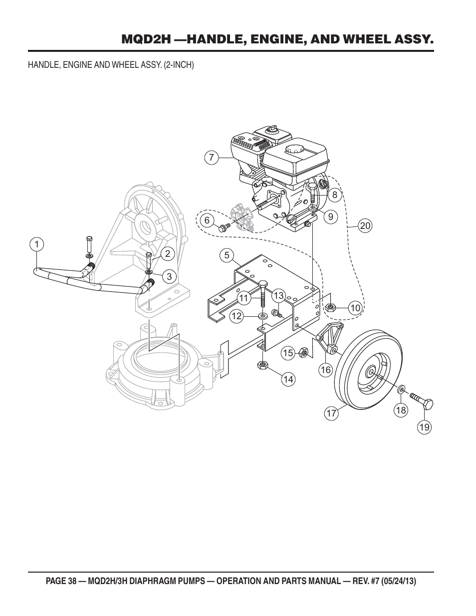 Mqd2h —handle, engine, and wheel assy | Multiquip MQD3H User Manual | Page 38 / 48