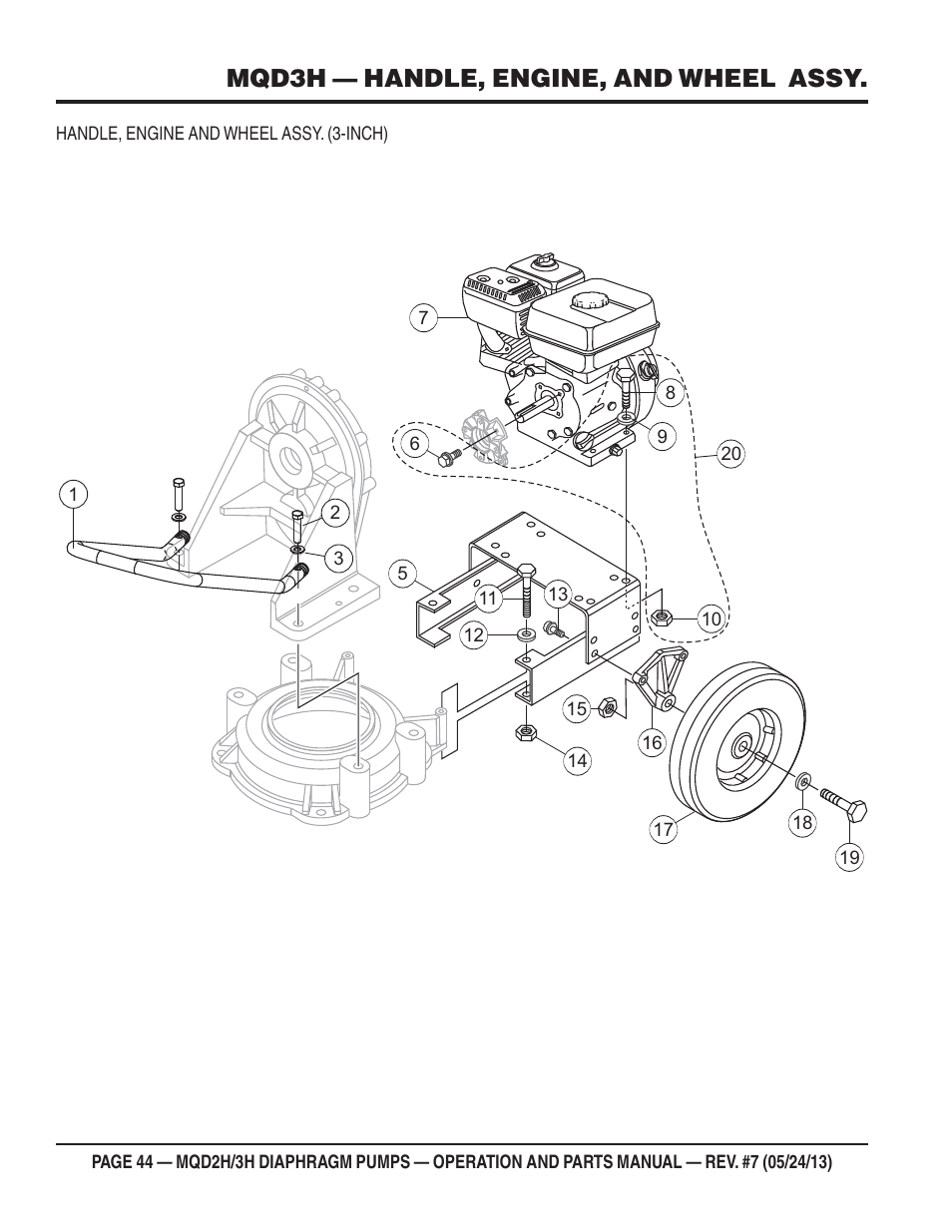 Mq-d3h — handle, engine and wheel assy. (3-inch), Mqd3h — handle, engine, and wheel assy | Multiquip MQD3H User Manual | Page 44 / 48