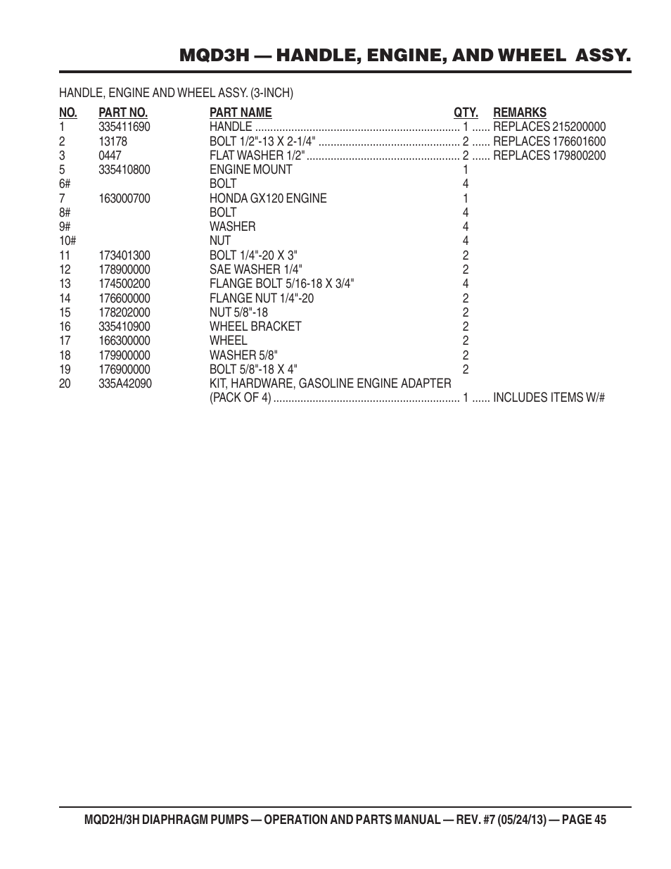 Mqd3h — handle, engine, and wheel assy | Multiquip MQD3H User Manual | Page 45 / 48