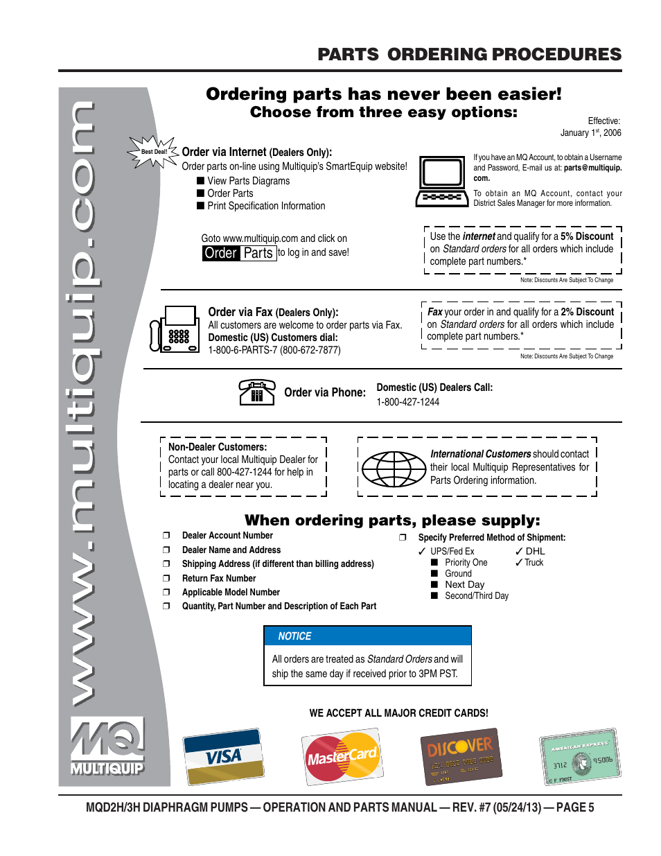 Ordering parts has never been easier, Parts ordering procedures, Choose from three easy options | When ordering parts, please supply, Order parts | Multiquip MQD3H User Manual | Page 5 / 48