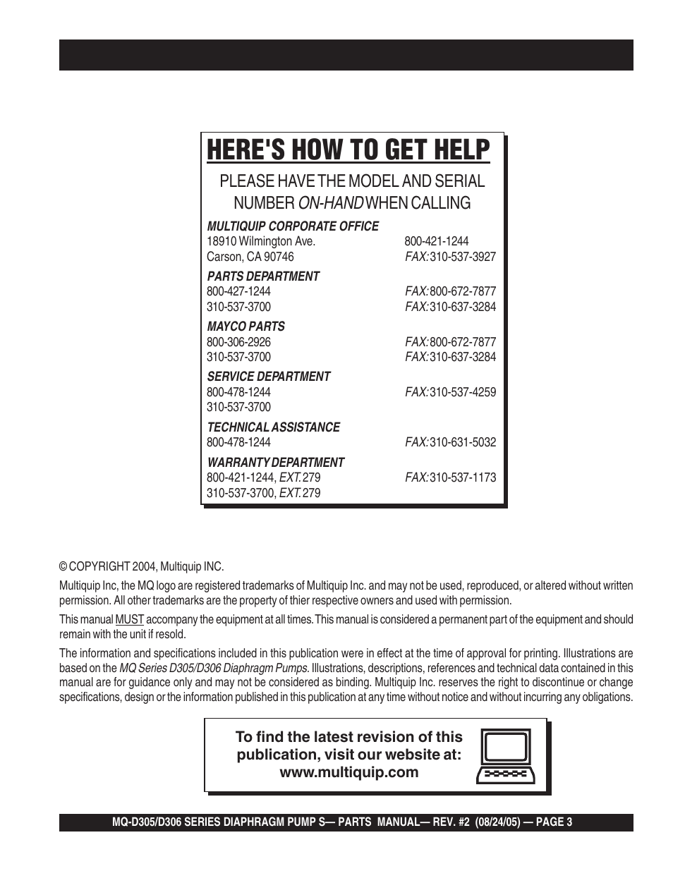 Here's how to get help, On-hand, Please have the model and serial number | When calling | Multiquip MQD306 User Manual | Page 3 / 76