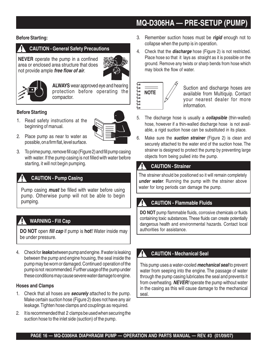 Mq-d306ha — pre-setup (pump) | Multiquip MQD306HA User Manual | Page 16 / 70