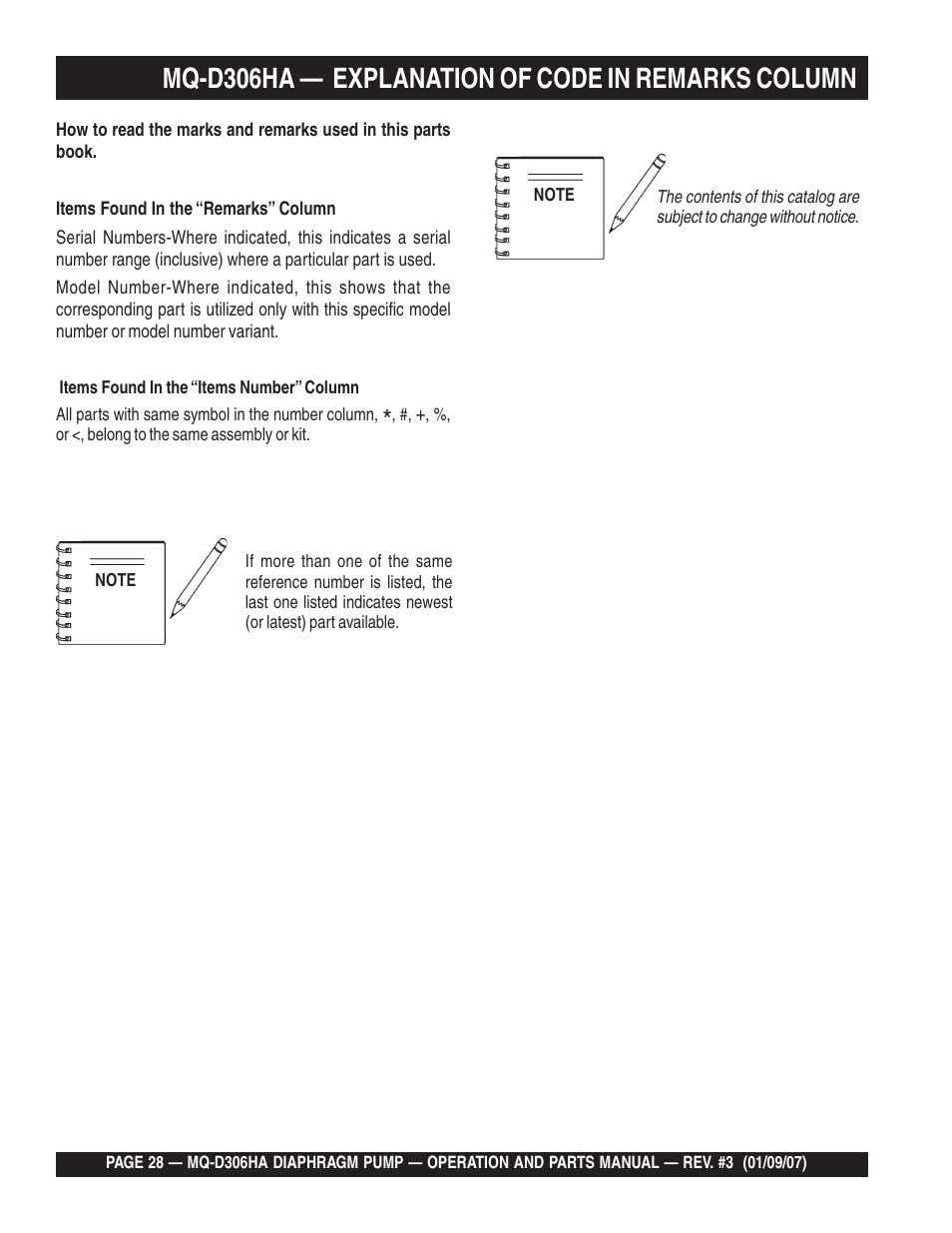 Mq-d306ha — explanation of code in remarks column | Multiquip MQD306HA User Manual | Page 28 / 70