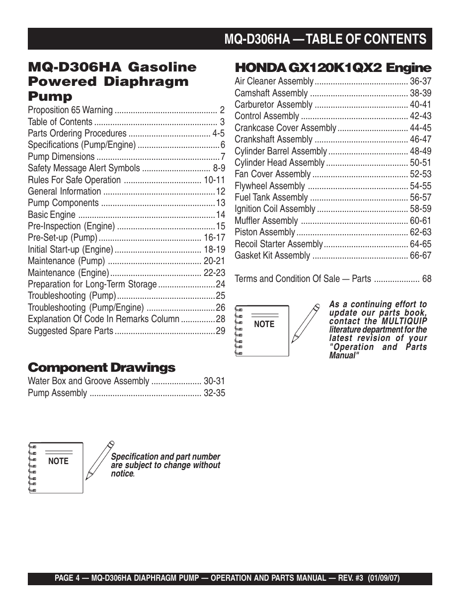 Mq-d306ha — table of contents, Mq-d306ha gasoline powered diaphragm pump, Component drawings | Multiquip MQD306HA User Manual | Page 4 / 70